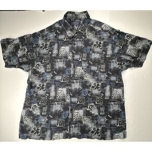 Hathaway Shirt Short Sleeve Abstract Tropical Leaf Print XXL Black Grey Rayon